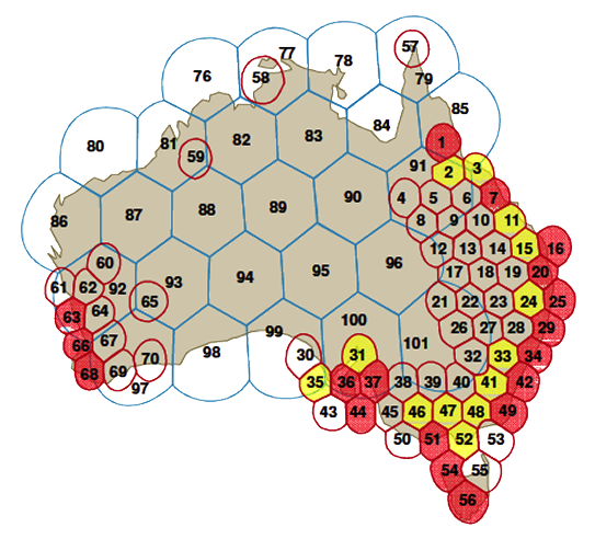 Diagram showing NBN Co satellite beams and risk of congestion as determined in the Fixed Wireless/Satellite Strategic Review (FWSat SR).
